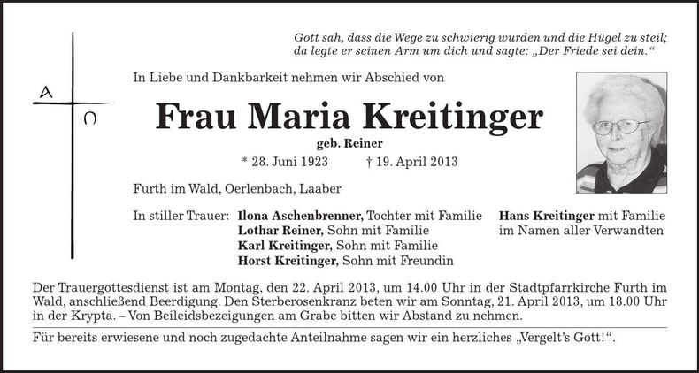 Traueranzeige Maria Kreitinger