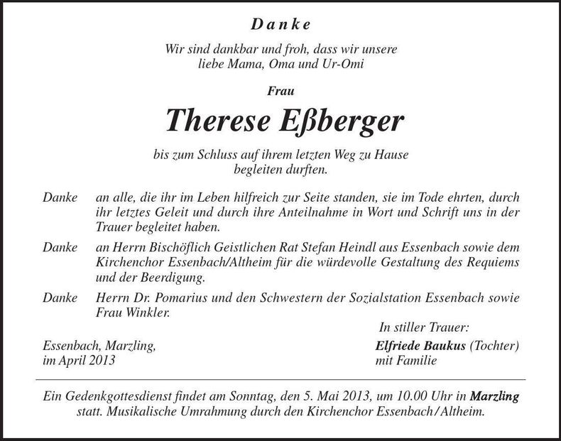 Traueranzeige Therese Eßberger
