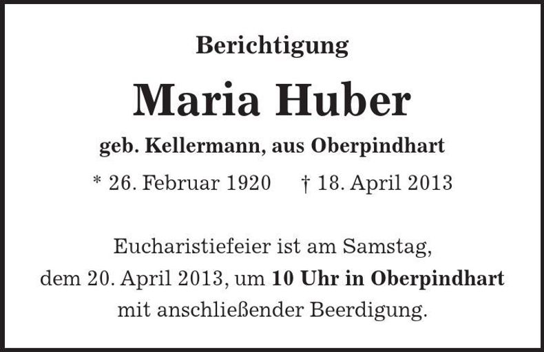 Traueranzeige Maria Huber