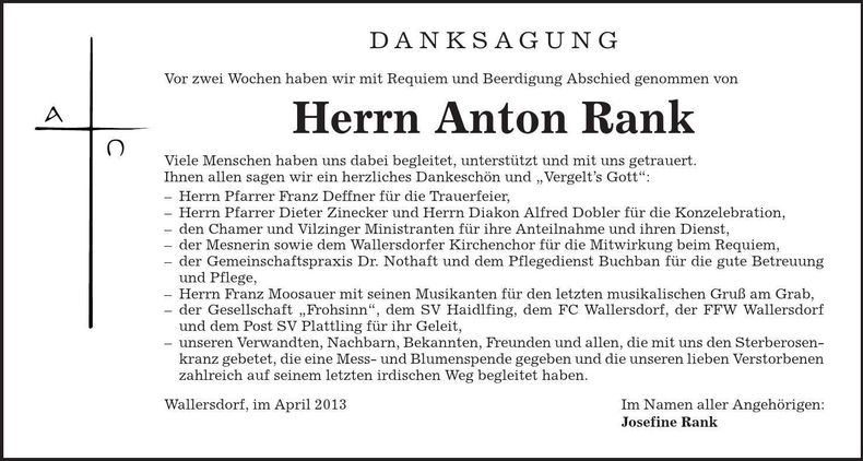 Traueranzeige Anton Rank
