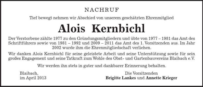 Traueranzeige Alois Kernbichl