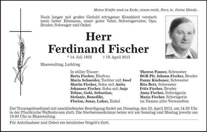 Traueranzeige Ferdinand Fischer