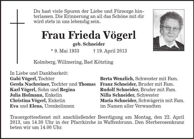Traueranzeige Frieda Vögerl