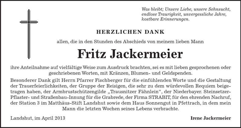 Traueranzeige Fritz Jackermeier