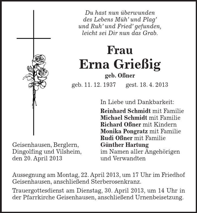 Traueranzeige Erna Grießig
