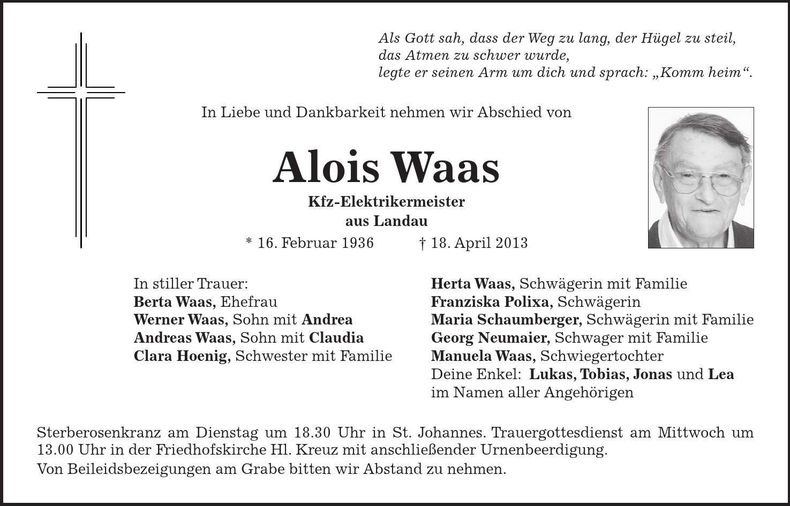 Traueranzeige Alois Waas