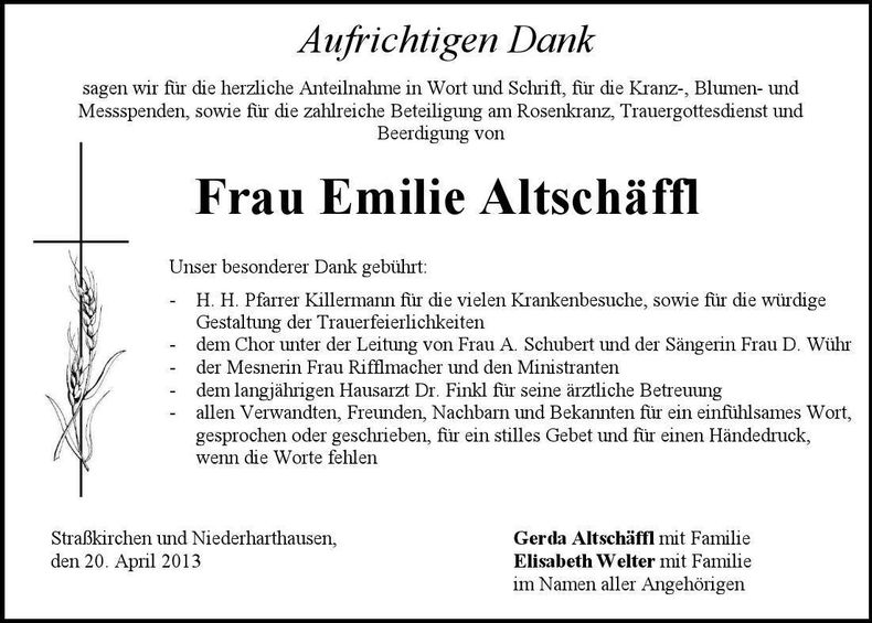 Traueranzeige Emilie Altschäffl