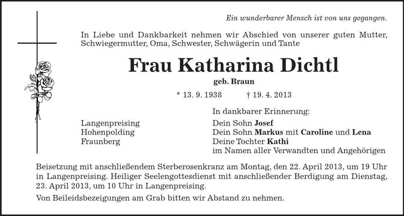Traueranzeige Katharina Dichtl