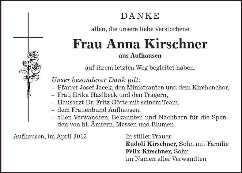Traueranzeige Anna Kirschner
