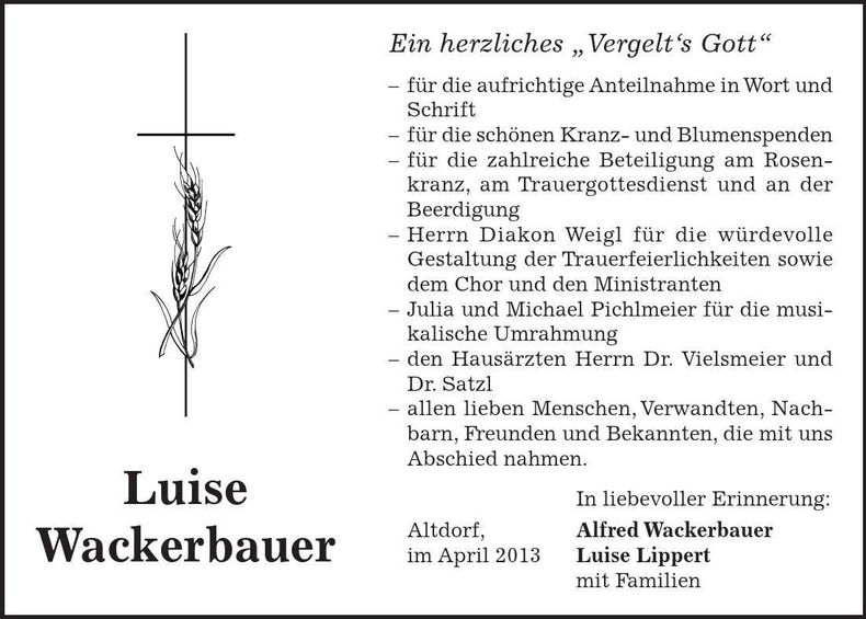 Traueranzeige Luise Wackerbauer
