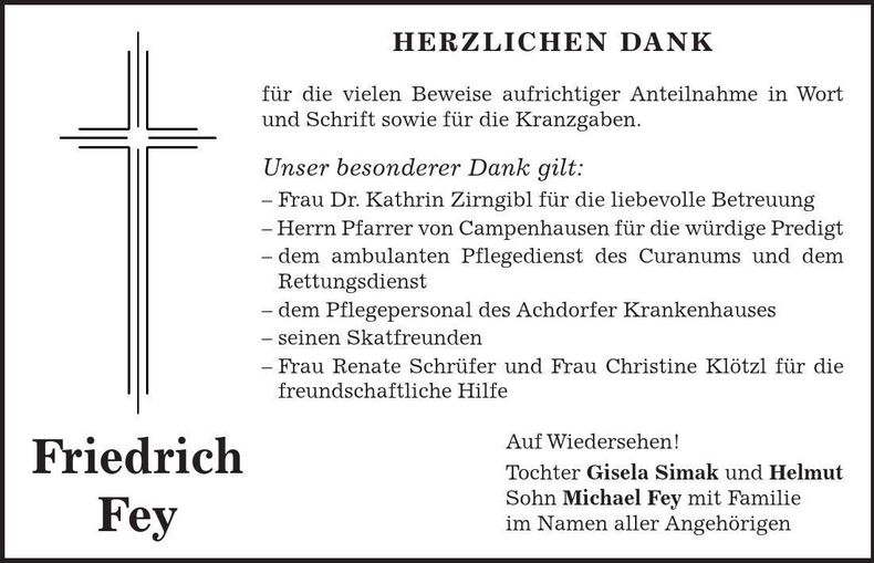 Traueranzeige Friedrich Fey