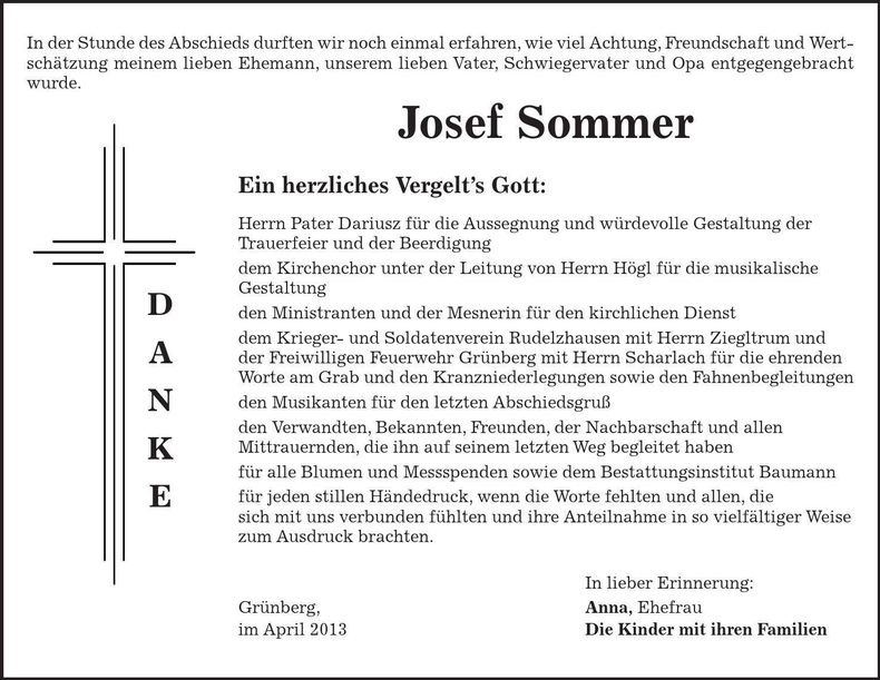 Traueranzeige Josef Sommer