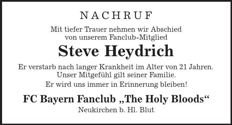 Traueranzeige Steve Heydrich