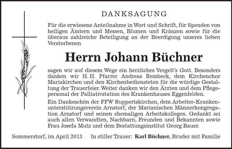 Traueranzeige Johann Büchner