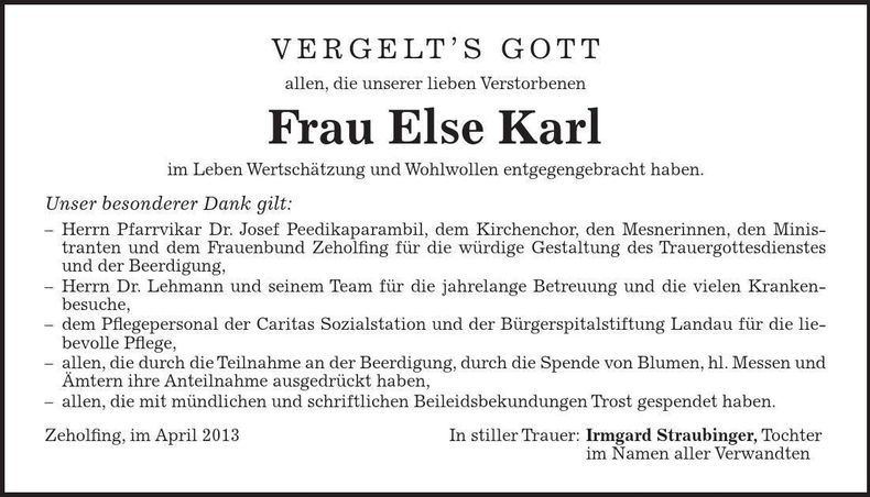 Traueranzeige Else Karl