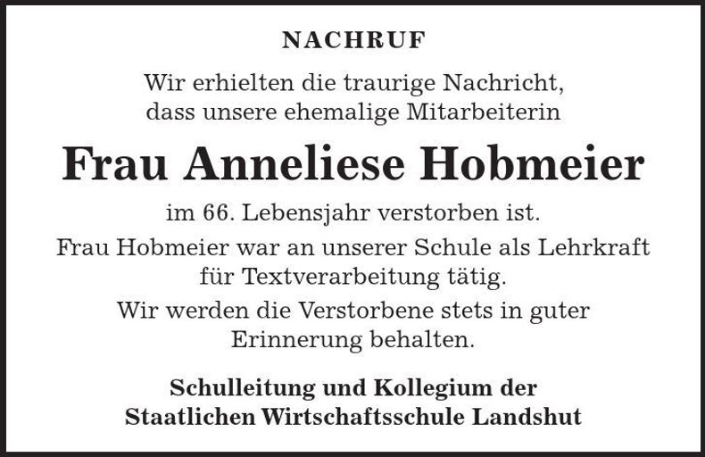 Traueranzeige Anneliese Hobmeier