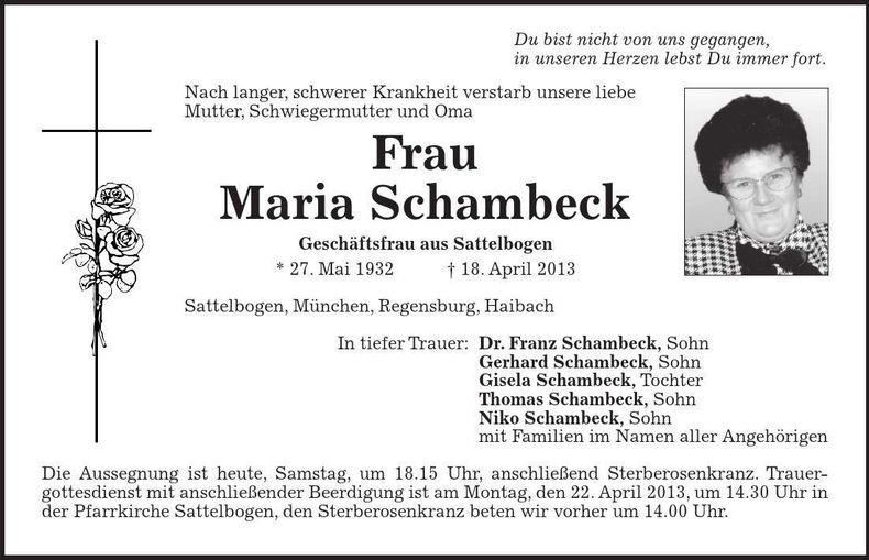 Traueranzeige Maria Schambeck