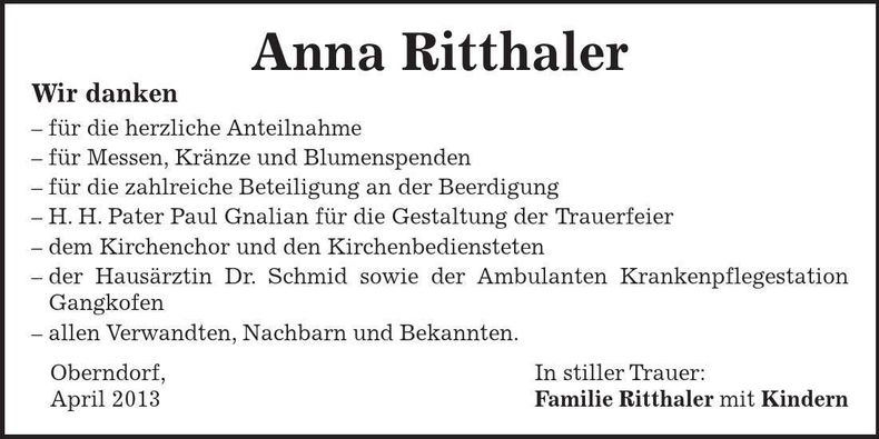 Traueranzeige Anna Ritthaler