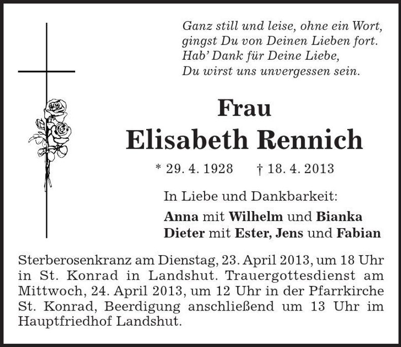 Traueranzeige Elisabeth Rennich