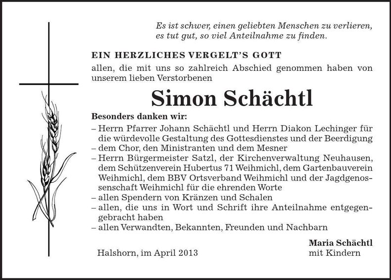 Traueranzeige Simon Schächtl