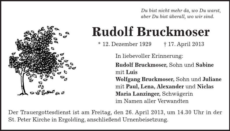 Traueranzeige Rudolf Bruckmoser