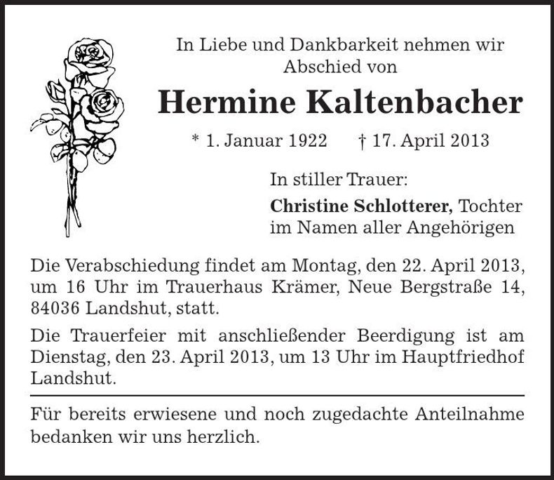 Traueranzeige Hermine Kaltenbach