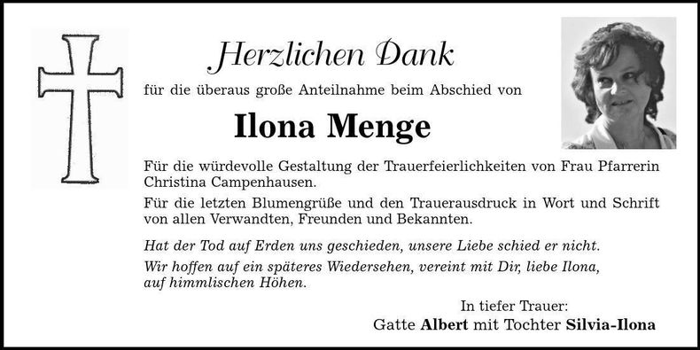 Traueranzeige Ilona Menge