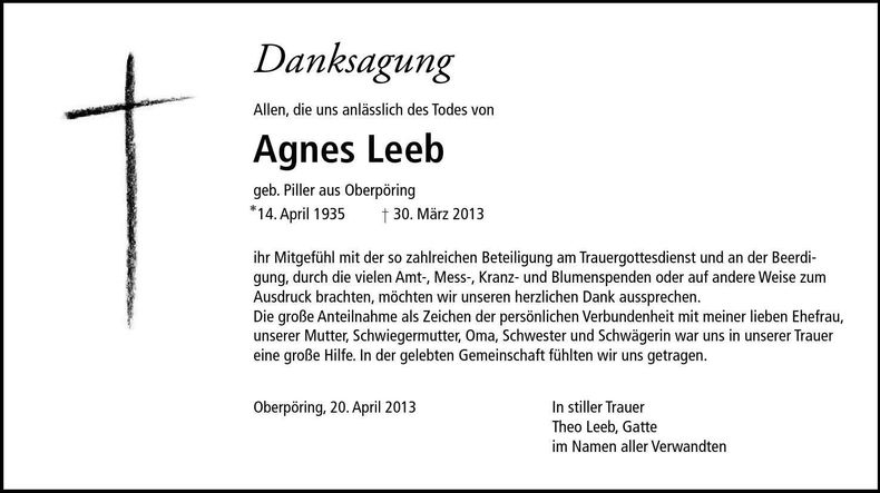Traueranzeige Agnes Leeb
