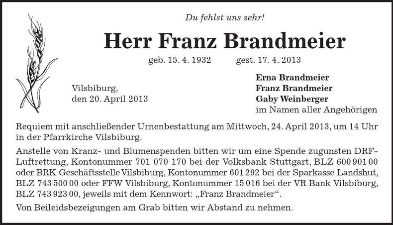 Traueranzeige Franz Brandmeier