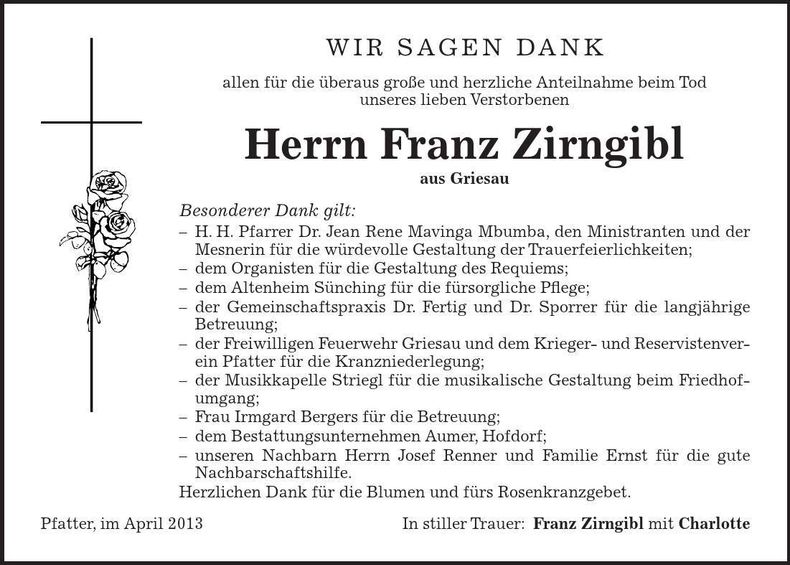 Traueranzeige Franz Zirngibl