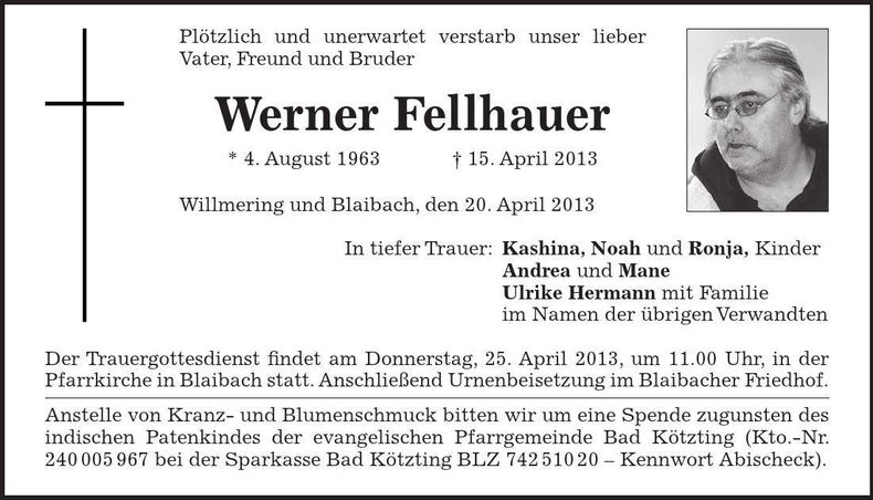 Traueranzeige Werner Fellhauer