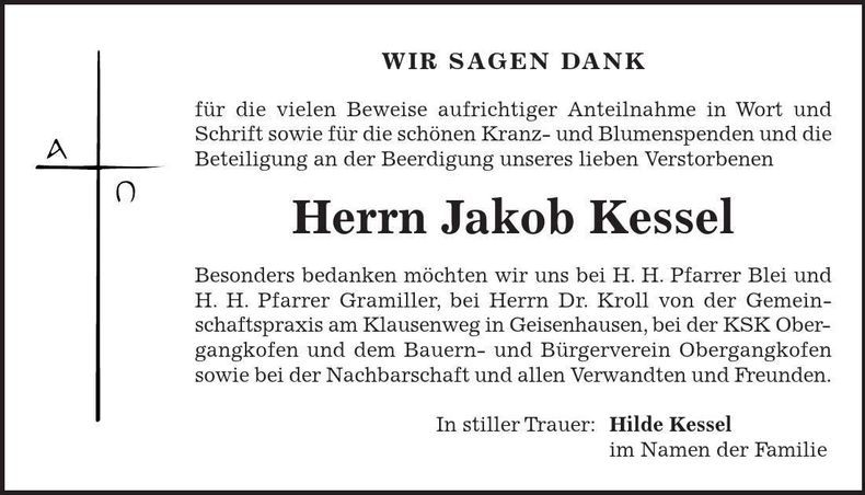 Traueranzeige Jakob Kessel
