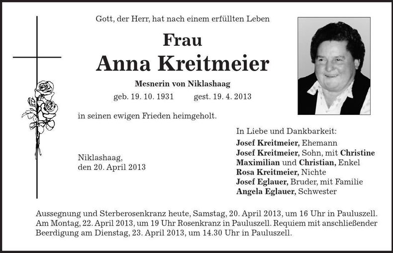 Traueranzeige Anna Kreitmeier