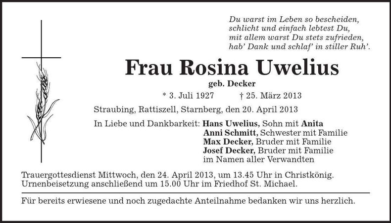 Traueranzeige Rosina Uwelius