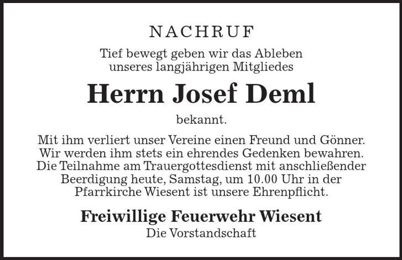 Traueranzeige Josef Deml