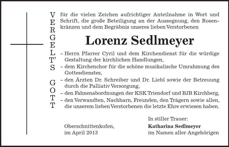 Traueranzeige Lorenz Sedlmeyer