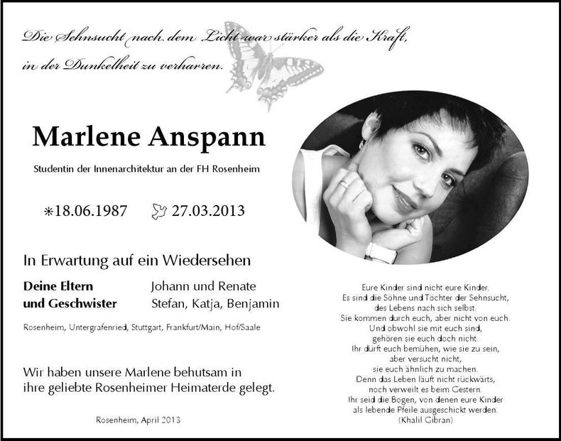 Traueranzeige Marlene Anspann