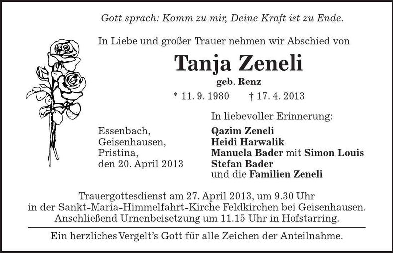 Traueranzeige Tanja Zeneli