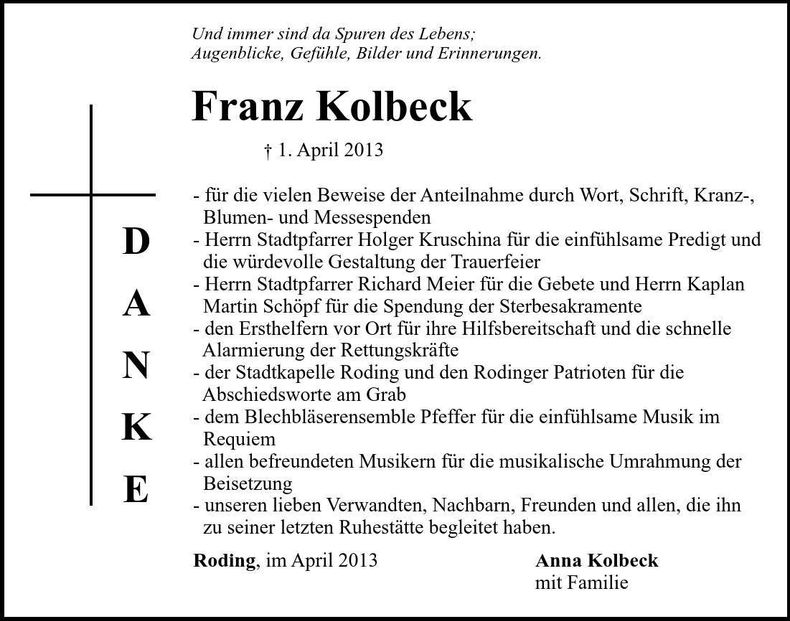 Traueranzeige Franz Kolbeck