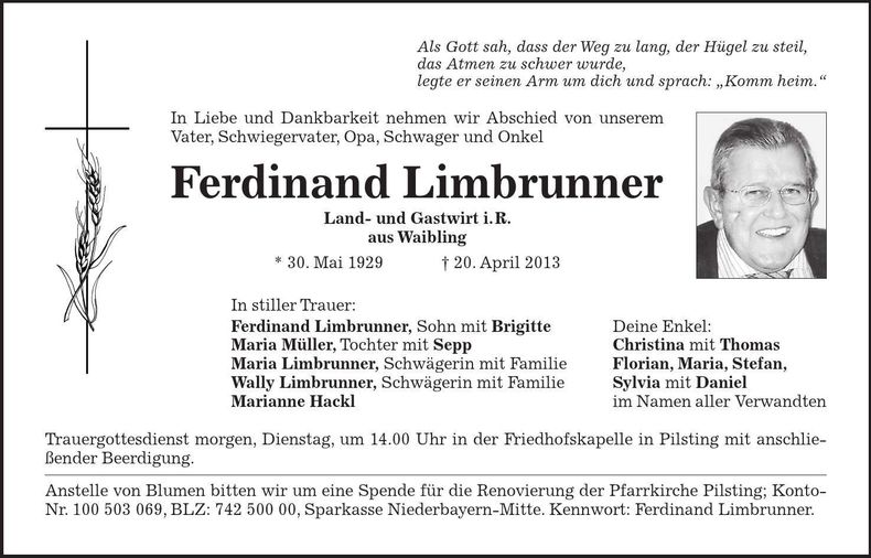 Traueranzeige Ferdinand Limbrunner