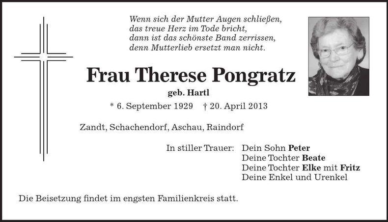 Traueranzeige Therese Pongratz