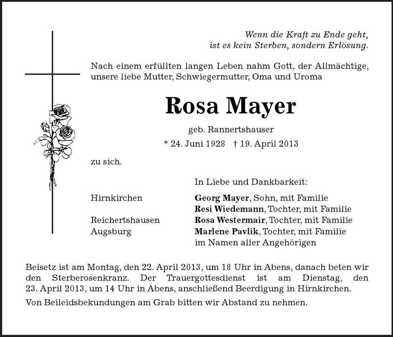 Traueranzeige Rosa Mayer