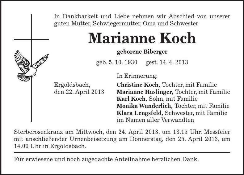 Traueranzeige Marianne Koch