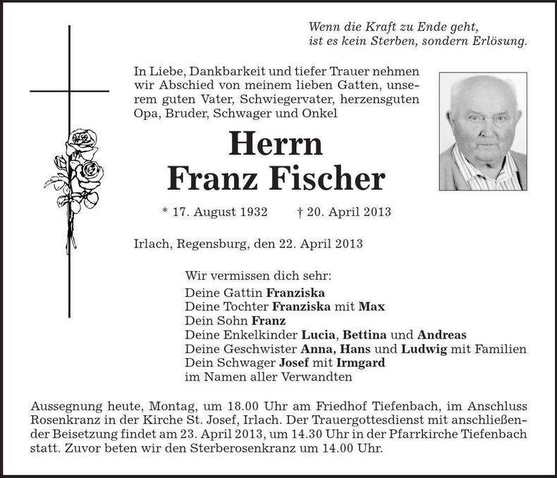 Traueranzeige Franz Fischer