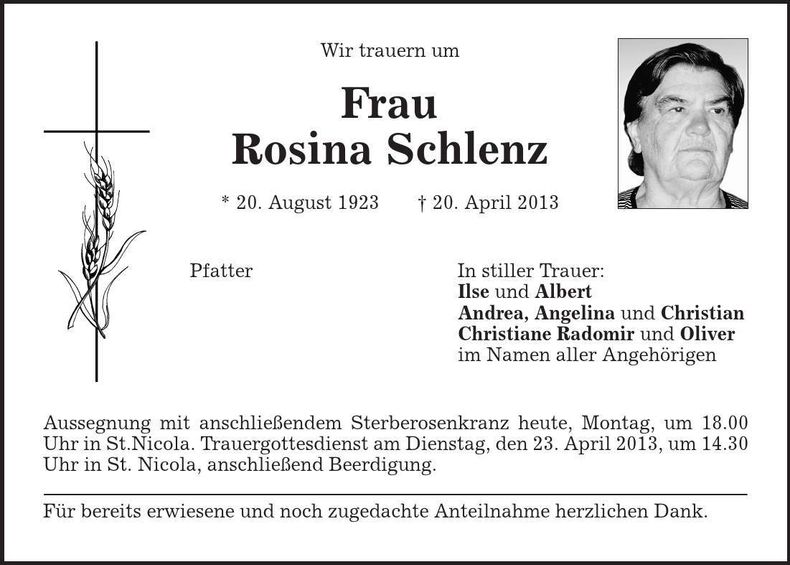 Traueranzeige Rosina Schlenz