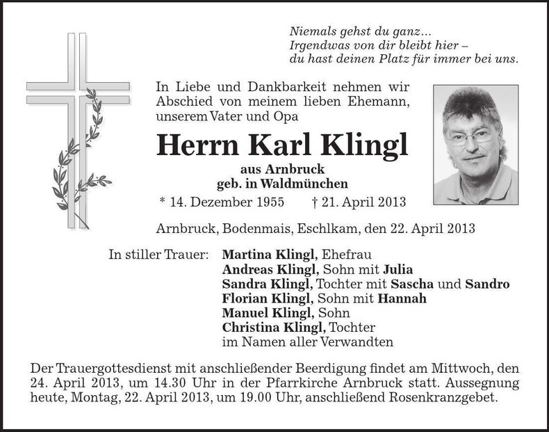 Traueranzeige Karl Klingl
