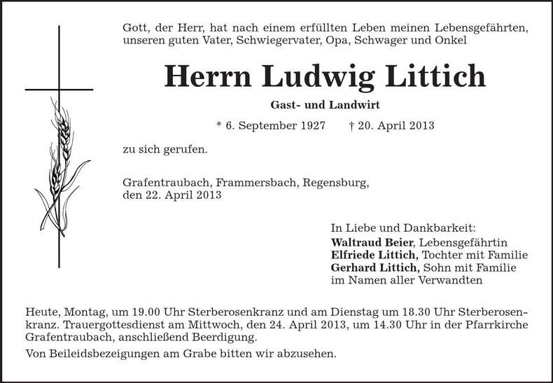 Traueranzeige Ludwig Littich