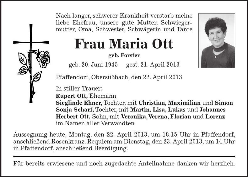 Traueranzeige Maria Ott