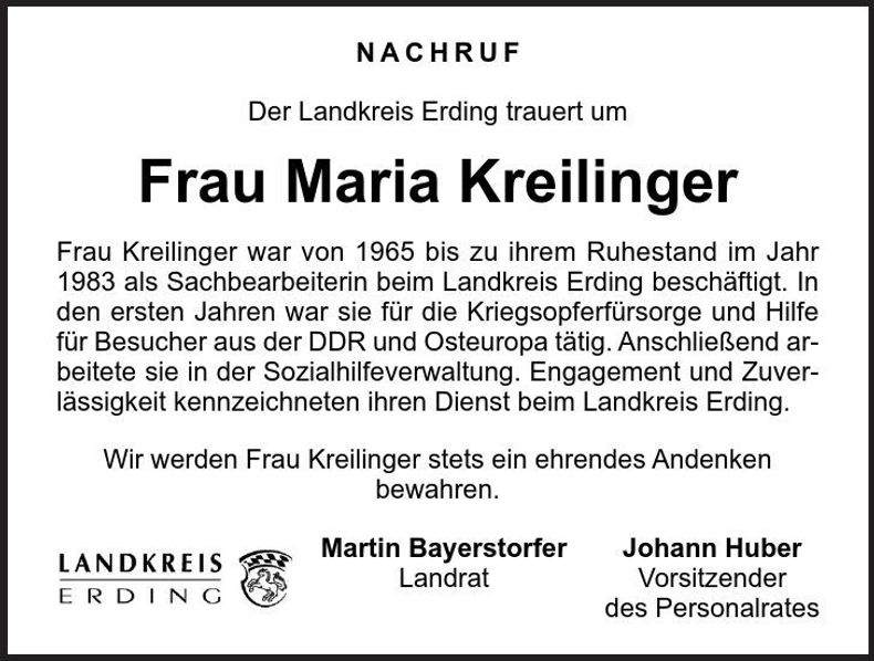Traueranzeige Maria Kreilinger