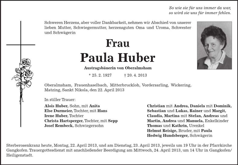 Traueranzeige Paula Huber